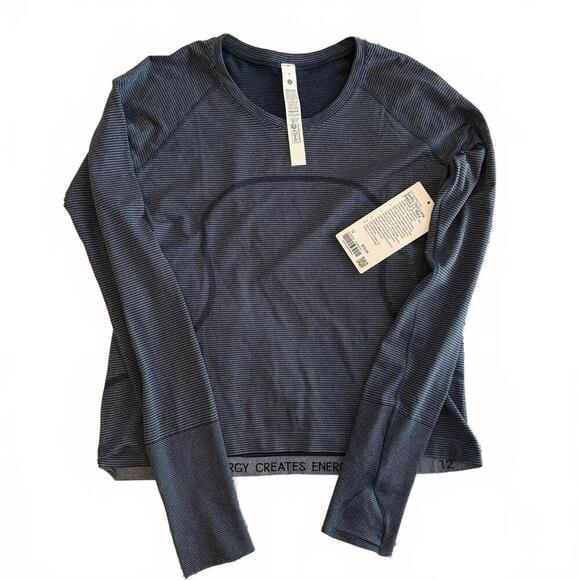 NWT Lululemon Swiftly Tech Long-Sleeve Shirt 2.0 Sz 12 Stripe Club Blue/White - Picture 2 of 9